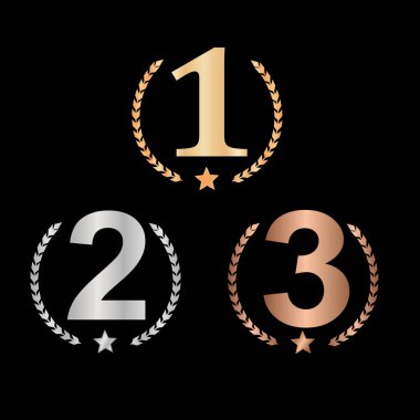 Siyah arka plan üzerine izole kupa Ödülü. Defne çelengi. Resimler, paralar. 1, 2, 3. Altın, gümüş, bronz madalya. Vektör