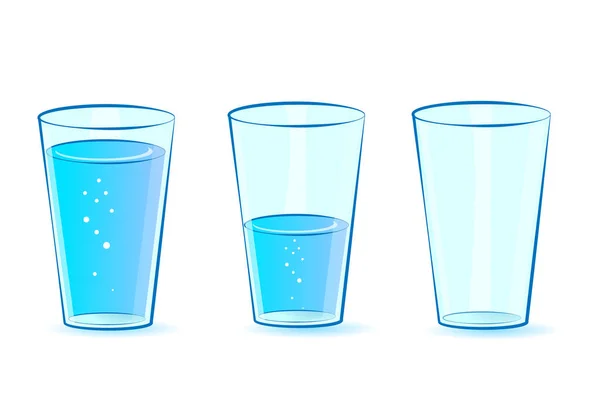 Glazen voor water instellen. Bril: vol, leeg, half gevuld met water. Vector — Stockvector
