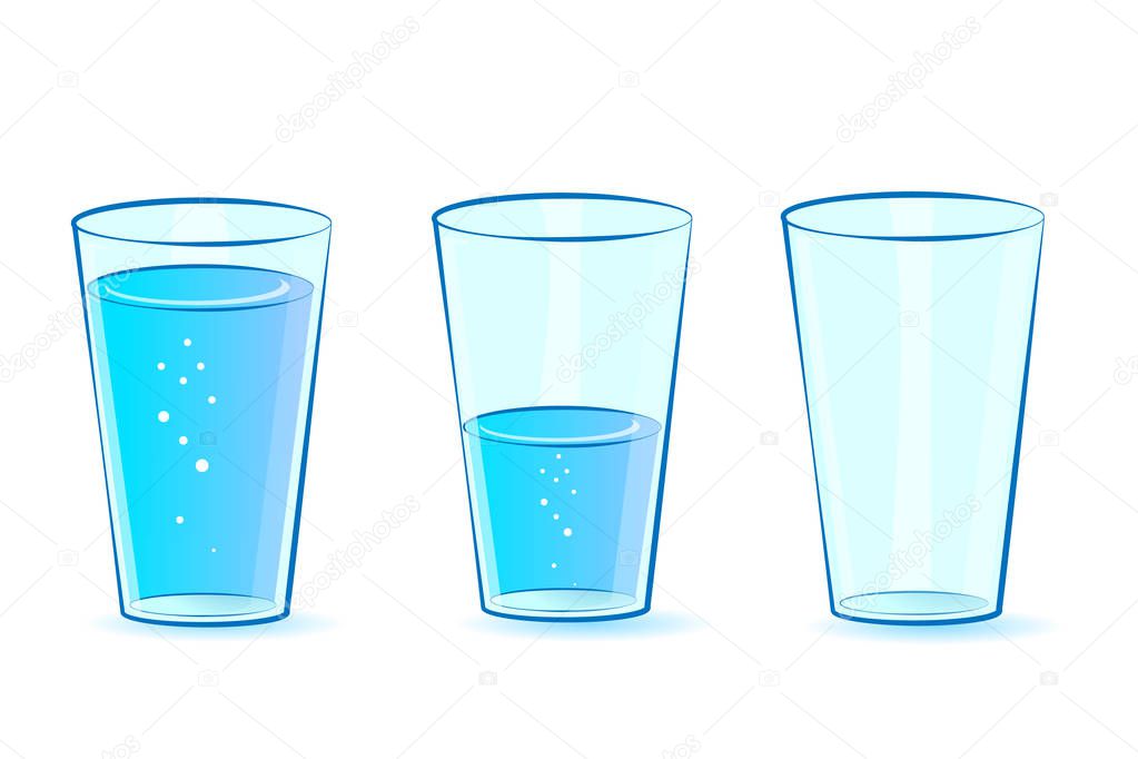 Glasses set for water. Glasses: full, empty, half-filled with water. Vector