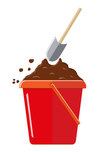 Plastic bucket to the ground and shovel. Isolated on white background. Vector