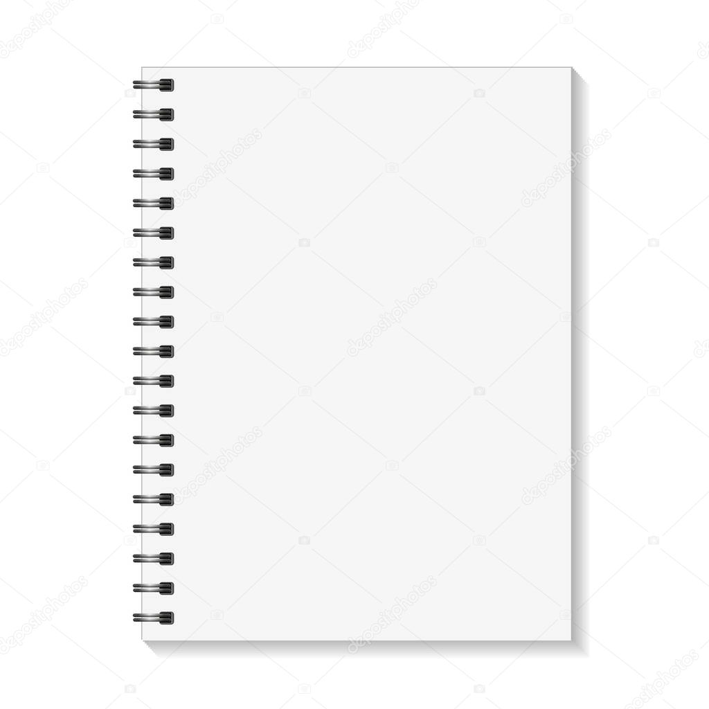 Empty pages book with binder metal spiral template. Notebook mock up isolated on white background. Vector
