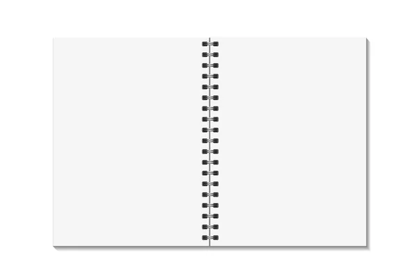 Leere offene Seiten Buch mit Einband Metallspiralschablone. Notizbuch-Attrappe isoliert auf weißem Hintergrund. Vektor — Stockvektor