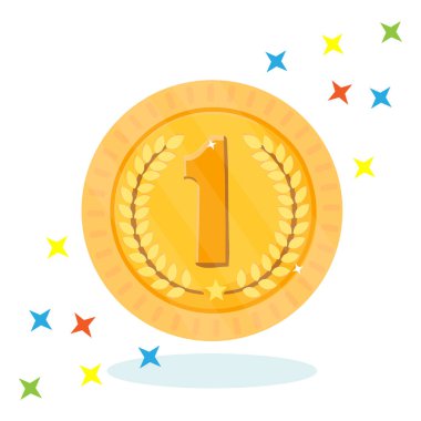 Altın madalya şampiyonu. 1. altın rozet spor oyun koyun. Yuvarlak simge zafer. Beyaz arka plan üzerinde izole. Vektör