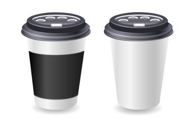 Kağıt boş kahve fincanı. Plastik ve karton sade kahve veya çay bardağı kadar sahte. Beyaz arka plan üzerinde izole. Vektör