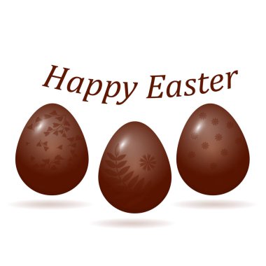 Paskalya tatili. Üç parlak kartpostal çikolata yumurta dekore edilmiştir. Beyaz arka plan üzerinde izole. Vektör