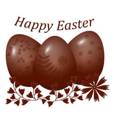 Paskalya tatili. Üç parlak kartpostal çikolata yumurta dekore edilmiştir. Beyaz arka plan üzerinde izole. Vektör