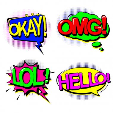 Karikatür retro ayarla, konuşma kroki. Tamam, Omg, Merhaba, Lol. Komik konuşma balonları. İletişim bulutlar pop sanat tarzı. Vektör