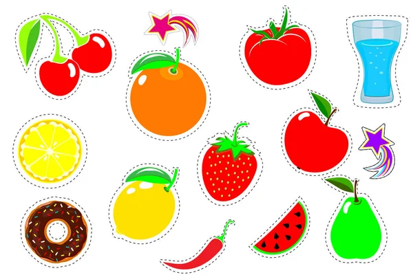 Impostare patch distintivi comici. Adesivi pop art divertenti del fumetto vettoriale disegnato a mano. Schizzo moderno di scarabocchio. Frutta, isolata su fondo bianco. Vettore — Vettoriale Stock