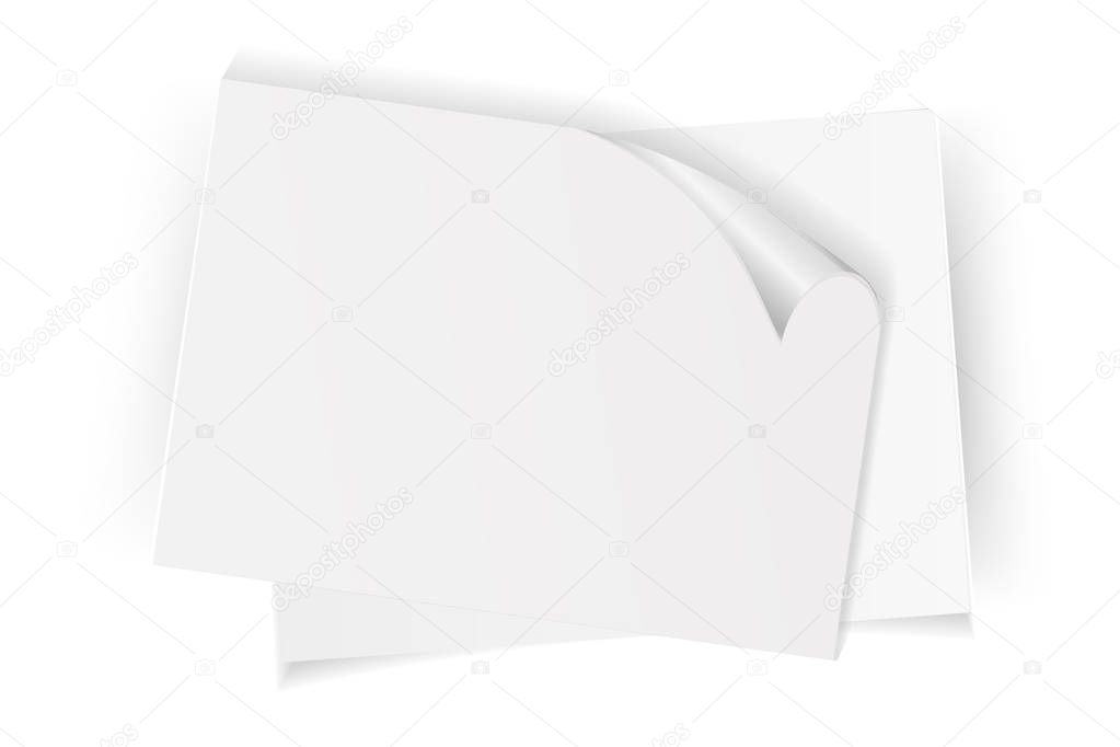 Horizontal white sheet of paper. Curled corner with shadow. Isolated on white background. Vector