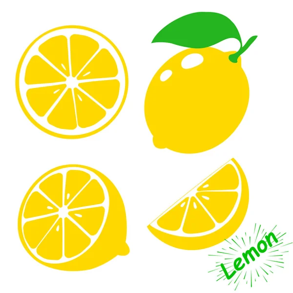 Icona al limone. Impostare frutta fresca limone e fetta. Isolato su sfondo bianco. Vettore — Vettoriale Stock