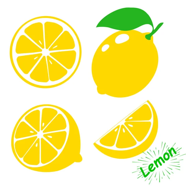 Simge limon. Taze limon meyve ve dilim ayarlayın. Beyaz arka plan üzerinde izole. Vektör