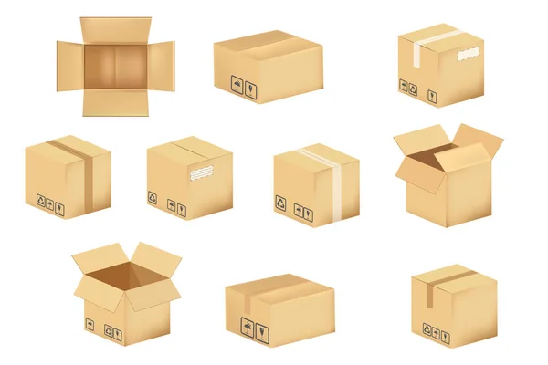 Σύνολο Χαρτονένιων Κουτιών Που Απομονώνονται Λευκό Φόντο Εικονογράφηση Διανύσματος — Διανυσματικό Αρχείο