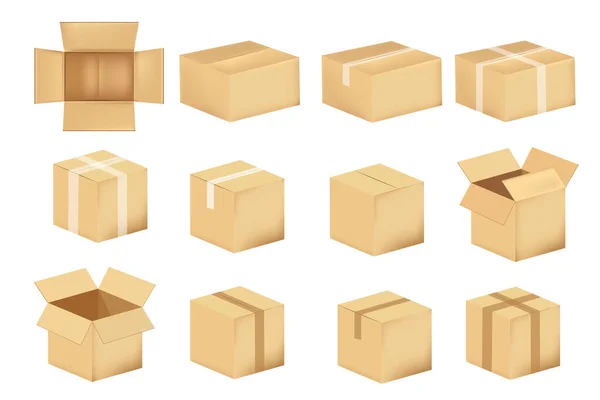 Ensemble Boîtes Carton Isolées Sur Fond Blanc Illustration Vectorielle — Image vectorielle