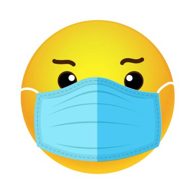 Ağzında tıbbi maske olan üzgün bir ifade. Vektör illüstrasyonu.
