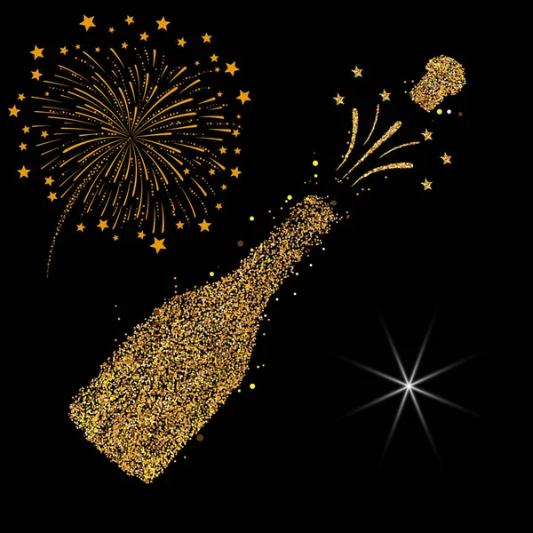 新年明けましておめでとう ゴールドグリッター2019 シャンパンのアイコン シャンパンボトルのシルエット ベクターイラスト — ストックベクタ