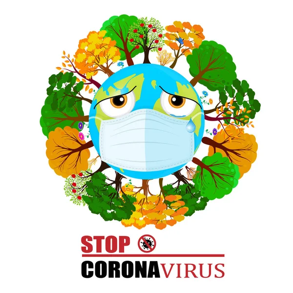 Planeten Jorden i en mask. Begreppet kamp mot coronavirus. Emoticon av jorden mot viruset.Vector. — Stock vektor