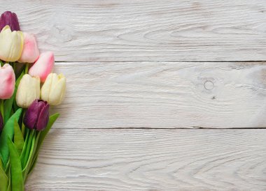 Beyaz ahşap bir arka planda güzel lale çiçekleri. Bahar buketi. Düz konum, üst görünüm, kopyalama alanı