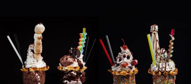 Dört garip ve çılgın dev milkshakes siyah arka plan