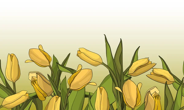 Urlaub Hintergrund mit einem Strauß gelber Tulpen. nahtloser Grenzhintergrund — Stockvektor