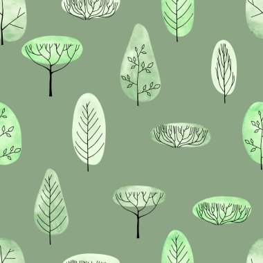 Yeşil zemin üzerine suluboya ağaçları seamless modeli