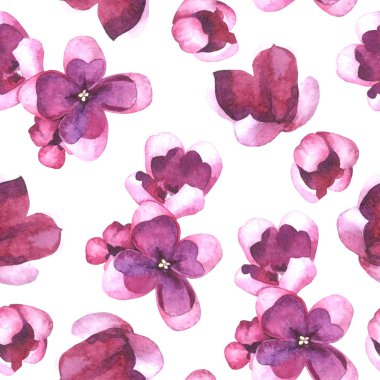 Mor Lila çiçek ve yaprakları suluboya stil vektör seamless modeli