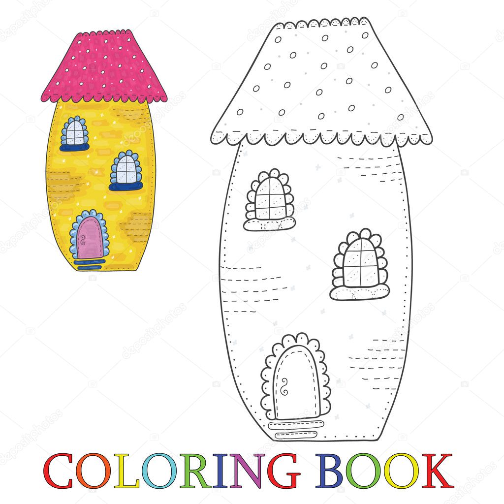 Conte de fées colorées jolie maison dans un style dessin animé Conte de fées colorées jolie maison dans un style dessin animé Couleur et le contour illustration vectorielle livre colorier – Illustration