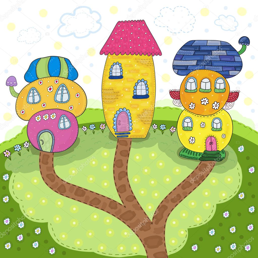 Fairytale colorful cute houses in cartoon Magic land