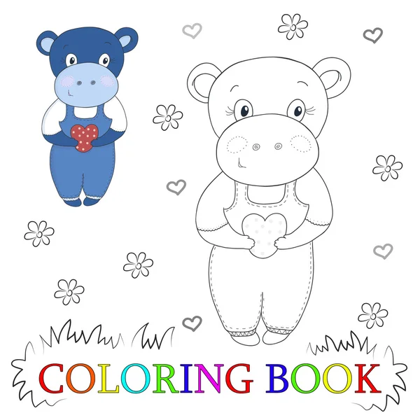 Linda caricatura hipopótamo con ilustración del vector del corazón. Color y contorno, libro para colorear — Vector de stock
