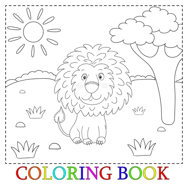 Bonita caricatura de león con ilustración de vector de corazón. Color y contorno, libro para colorear — Vector de stock