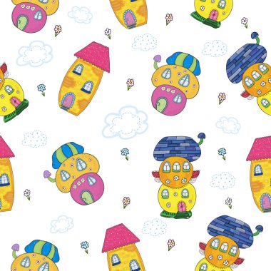 Örnek komik desen vektör arka plan. Peri masalı çizgi film tarzı renkli şirin evi.