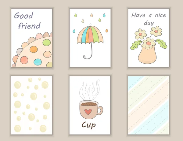 Cute hand drawn doodle birthday, party, baby shower cards, brochures, invitations with cup, flowers, umbrella, rain. Objects background. Printable templates set — Stock vektor