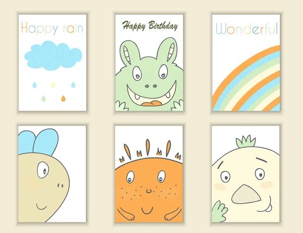 Χαριτωμένο χέρι συρμένο doodle γενέθλια, πάρτυ, baby shower κάρτες, φυλλάδια, προσκλήσεις με τέρατα, ουράνιο τόξο, σύννεφο, βροχή. Φόντο χαρακτήρες κινουμένων σχεδίων. Εκτυπώσιμη πρότυπα σετ — Διανυσματικό Αρχείο