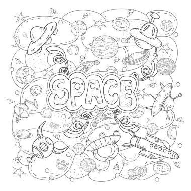 çizgi film çizilmiş karalamalar alanı illüstrasyon kontur. Renkli, ayrıntılı nesneleri vektör arka plan dolu