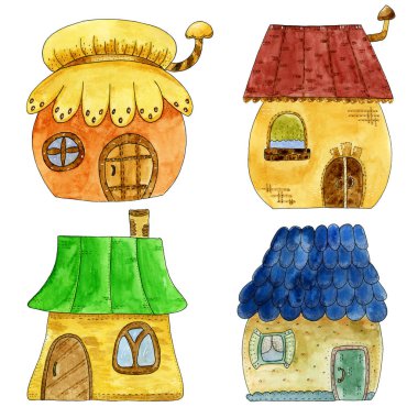 Fairytale renkli şirin evlerde karikatür tarzı. Suluboya elle çizilmiş illüstrasyon.