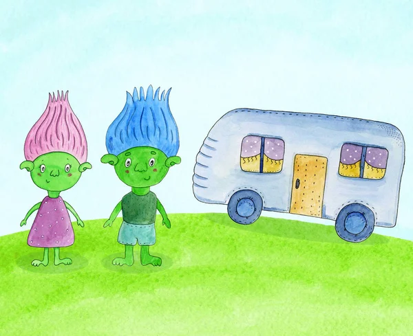 Cartoon green trolls - girl and boy, near the trailer on the meadow. Watercolor hand drawn cheldrens illustration