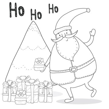 Christmas coloring page with Santa Claus, Christmas tree, gift boxes. clipart