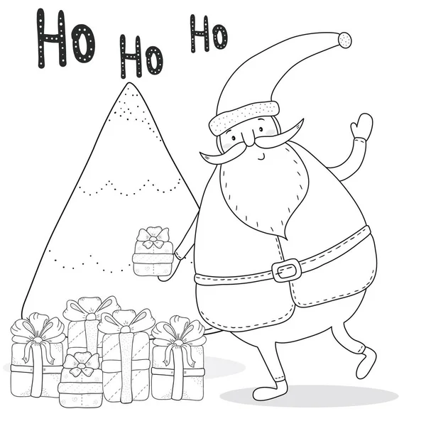 Vánoční zbarvení stránky s Santa Claus, vánoční strom, dárkové krabice. — Stockový vektor
