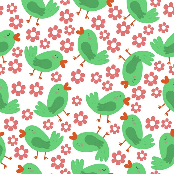 Птицы. Бесшовный узор с милыми птичками и цветами — стоковый вектор