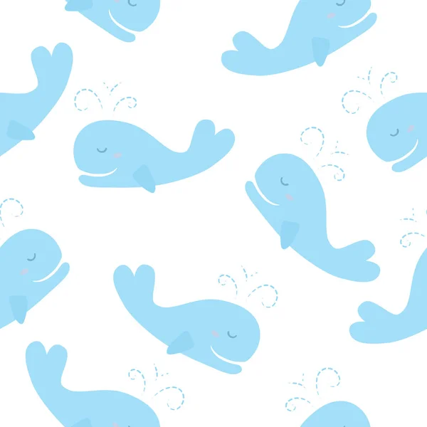 Симпатичный фон с мультяшными голубыми китами. Дизайн детского душа. Бесшовный узор может быть использован для обоев, наполнителей, поверхностных текстур — стоковый вектор