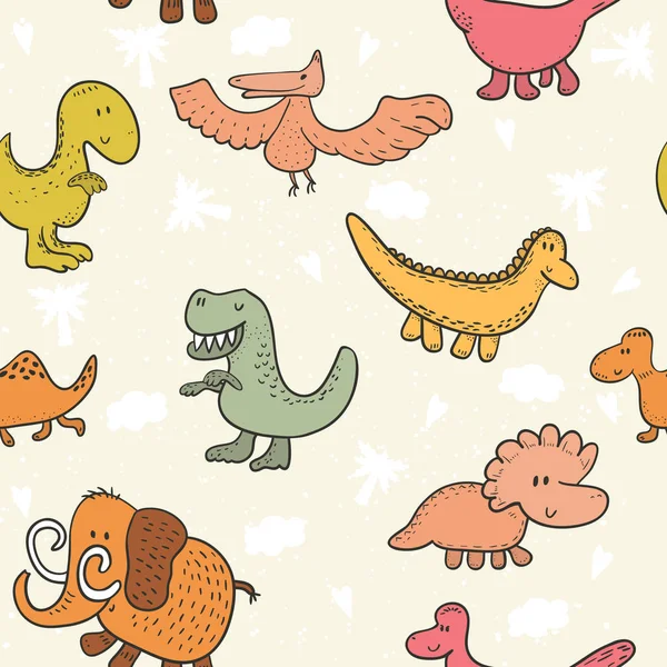 Mignon motif sans couture avec des dinosaures drôles. illustration vectorielle — Image vectorielle