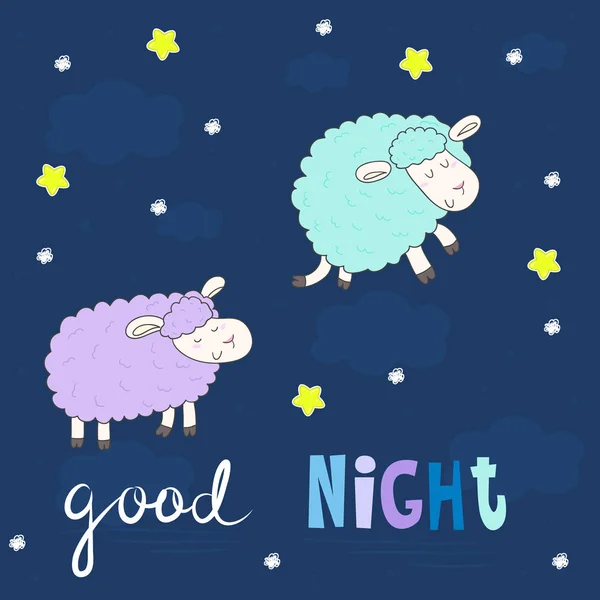 Good night card. Cute hand drawn sheeps in cartoon style. vector print — Stock Vector