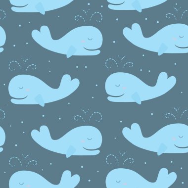 Sevimli çizgi film mavi balinalar ile arka plan. Bebek duş tasarım. Dikişsiz desen-ebilmek var olmak kullanılmış için duvar kağıtları, desen dolgularını, yüzey dokuları