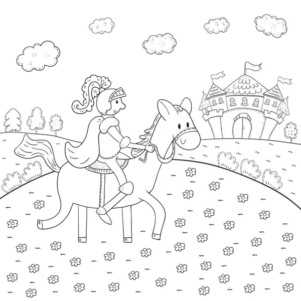 Libro da colorare cavaliere a cavallo e castello magico design per bambini . — Vettoriale Stock