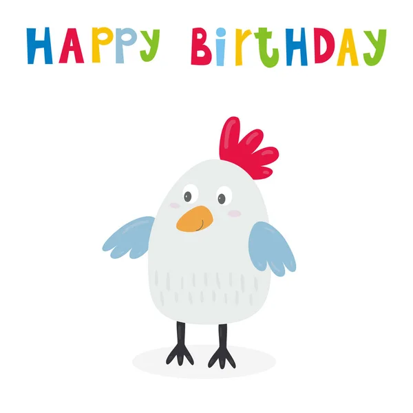 Happy birthday card with cute chicken cartoon character, vector illustration — Stock Vector