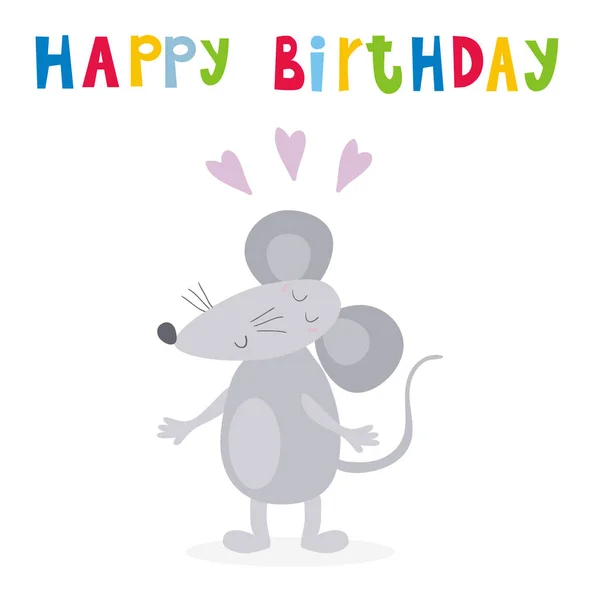 Happy birthday card with funny cute mouse cartoon style. vector print — Stock Vector