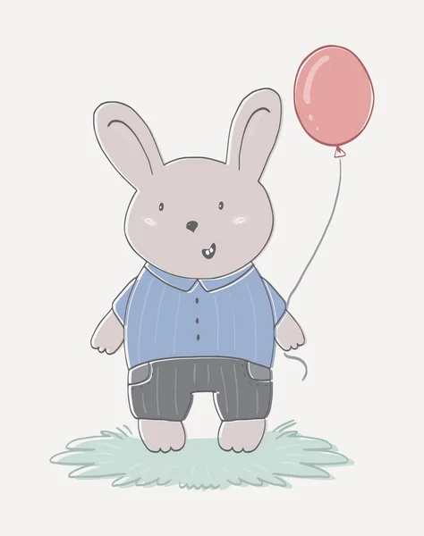 Handgezeichnete Vektor-Illustration von niedlichem Kaninchen und Ballon — Stockvektor