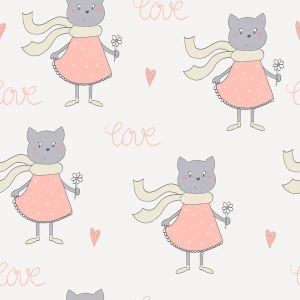 Lindos gatos con flores de colores sin costura patrón de fondo — Vector de stock