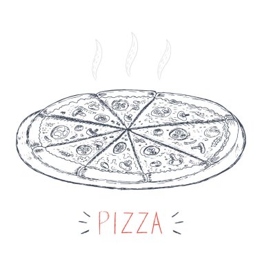 vektör el beyaz bir arka plan üzerinde pizza çizilmiş, çizim doodle
