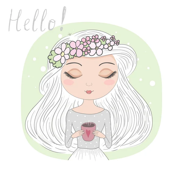 Dibujado a mano hermosa chica linda con taza en sus manos. Ilustración vectorial — Vector de stock