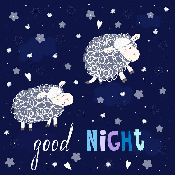 Good night card. Cute hand drawn sheeps in cartoon style. vector print — Stock Vector